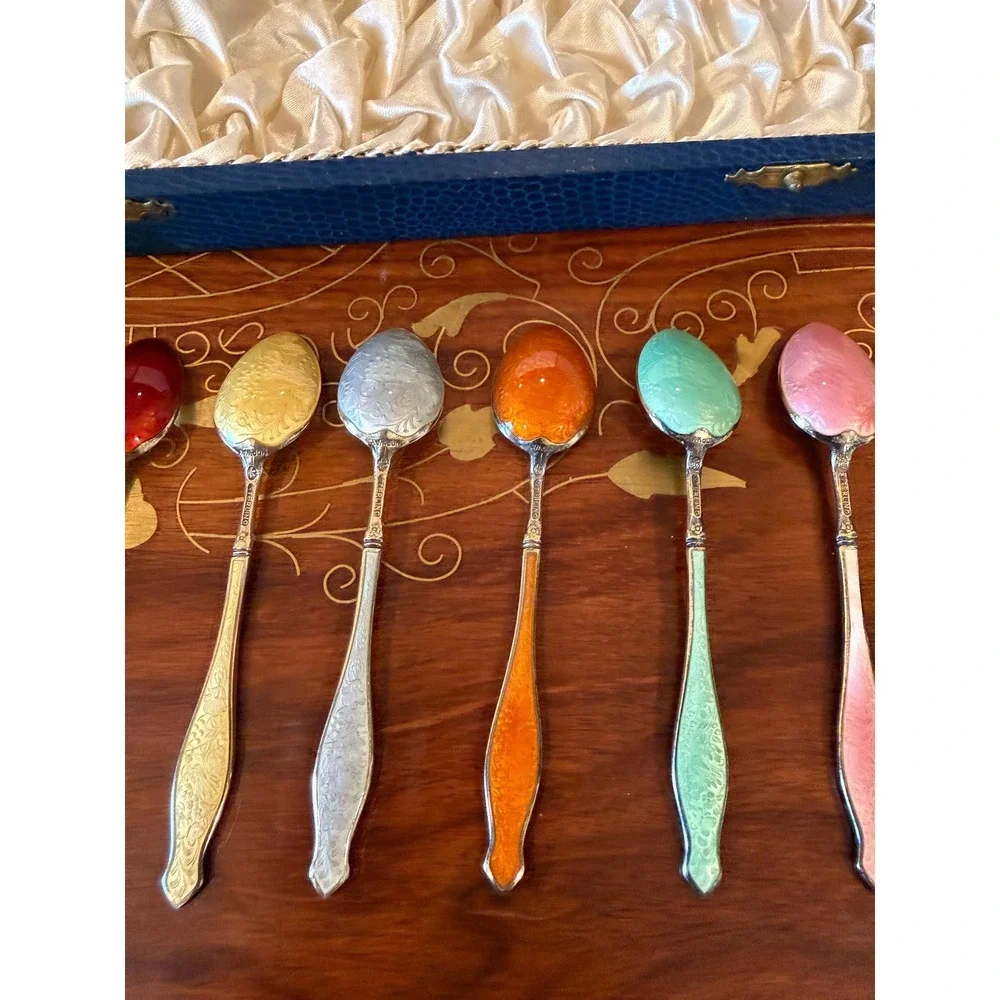 Vintage‎ Norwegian Sterling Silver Enamel Demitasse Spoon Set with Box